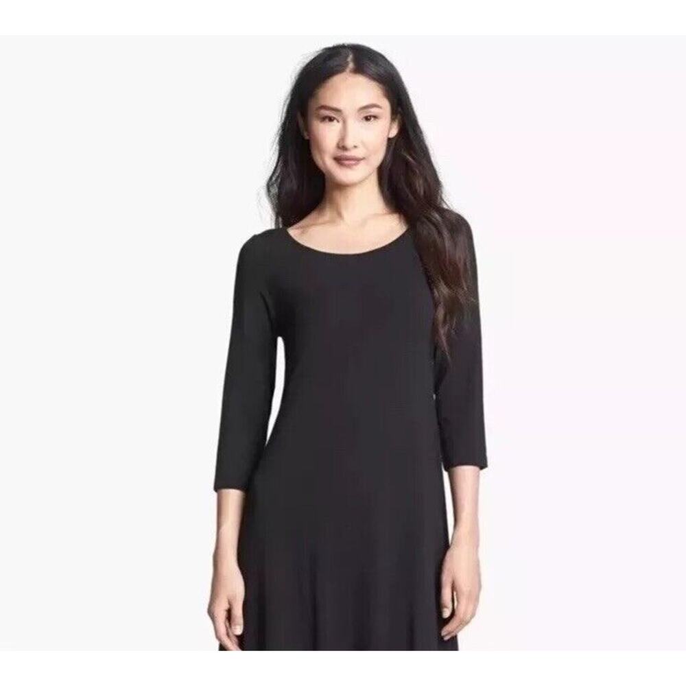 Eileen Fisher Black Rayon Jersey Stretchy Minimalist Tunic Dress Size P Small